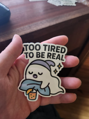 Too Tired to Be Real Ghost Sticker – Sleepy Ghost with Bubble Tea